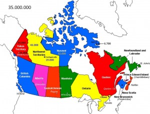 Canadiske provinser og territorier. Indbyggertal og hovedstad for territorierne er angivet. Canada har ialt 35 mio. indbyggere (2014)